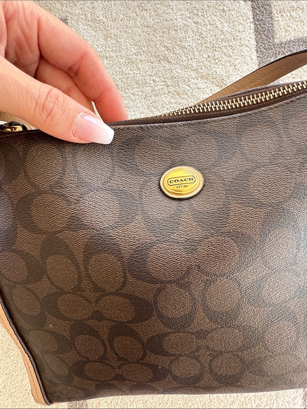 Coach Brown Signature Shoulder Bag with Tan Trim - Picture 3 of 15